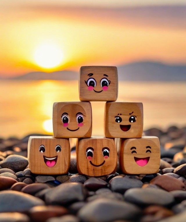 World Happiness Day emoji wooden blocks